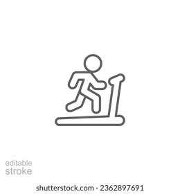 Man running on treadmill icon. Simple outline style. Run, runner, gym equipment, fitness, exercise machine, sport concept. Thin line symbol. Vector isolated on white background. Editable stroke SVG.