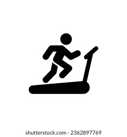 Hombre corriendo sobre el icono de la cinta de correr. Estilo sólido simple. Carrera, corredor, equipo de gimnasia, fitness, máquina de ejercicios, concepto deportivo. Silueta negra, símbolo de glifo. Vector aislado sobre fondo blanco. SVG.