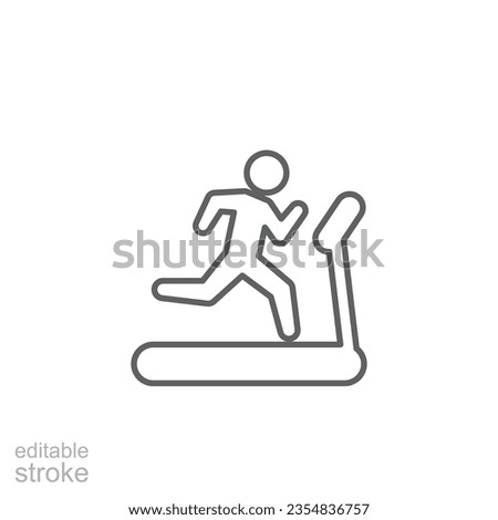 Man running on treadmill icon. Simple outline style. Run, runner, gym equipment, fitness, exercise machine, sport concept. Thin line symbol. Vector isolated on white background. Editable stroke SVG.