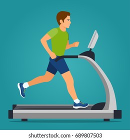 Man Running On Treadmill Isolated. Vector Flat Style Illustration.