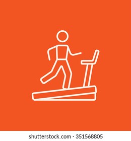 Man running on a treadmill line icon for web, mobile and infographics. Vector white icon isolated on red background.