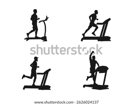 man running on the treadmill silhouettes. Sport man exercises on gym fitness machine vector silhouette. Chest legs pressure. Treadmill icon in black style isolated on white background.