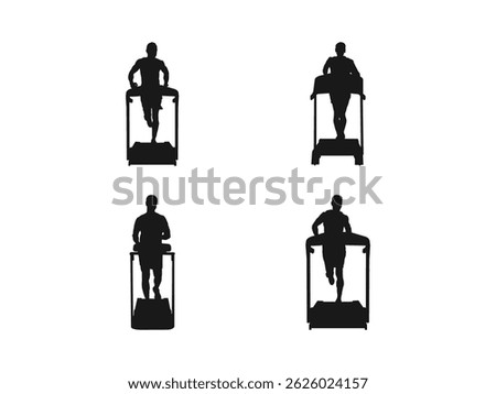 man running on the treadmill silhouettes. Sport man exercises on gym fitness machine vector silhouette. Chest legs pressure. Treadmill icon in black style isolated on white background.