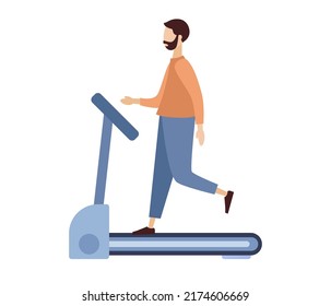 Hombre corriendo en la cinta de correr. Concepto deportivo. Gimnasio, ejercicio, estilo de vida saludable, actividad cardiovascular. Ilustración plana del vector 