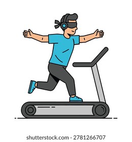 Man running on treadmill while wearing virtual reality headset with running mach