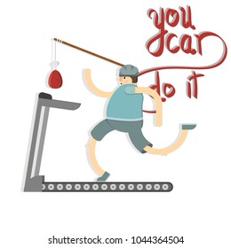 the man is running on treadmill,motivation for an athlete, food and sports, vector image, cartoon funny character