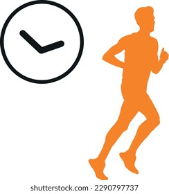 Hombre corriendo naranja en fondo blanco con cronómetro negro