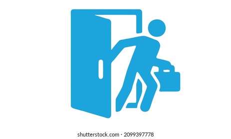 Man running out with the case in hand,
Flat illustration of the exit sign.