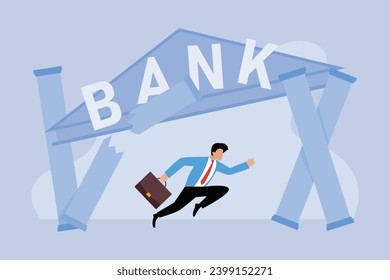 Man running out from a collapsing bank 2d vector illustration