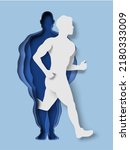 Man running out of fat body paper cut craft art vector. Weight loss program. Male silhouette with fat and slim body. Sport lifestyle, fitness exercise for being strong and healthy concept