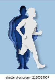 Man running out of fat body paper cut craft art vector. Weight loss program. Male silhouette with fat and slim body. Sport lifestyle, fitness exercise for being strong and healthy concept