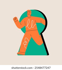 Man running out the keyhole door. Concept of business opportunities. Colorful vector illustration
