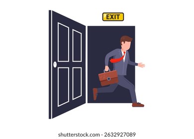 Man running out of open doors. Fire exit. Flat illustration.