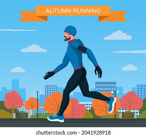 Man Running Outdoors In Autumn. Running And Jogging In Cold Fall Weather. Vector Illustration In Flat Style