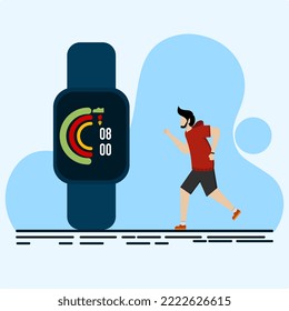 Man running outdoors and using smart watch and fitness app, sensors monitor his workout.