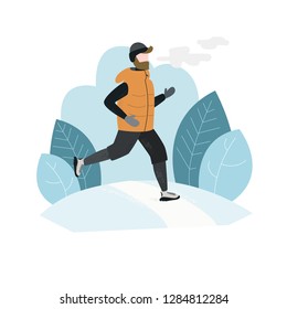 Man running outside in winter cold season wearing winter running clothes. Hand drawn vector illustration