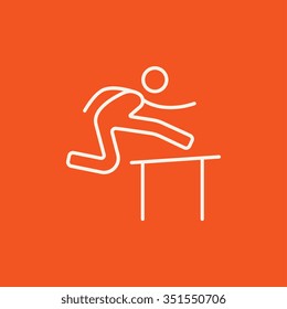 Man running over barrier line icon for web, mobile and infographics. Vector white icon isolated on red background.