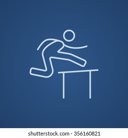 Man running over barrier line icon for web, mobile and infographics. Vector light blue icon isolated on blue background.