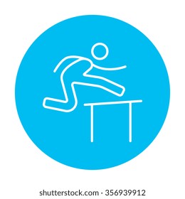Man running over barrier line icon for web, mobile and infographics. Vector white icon on the light blue circle isolated on white background.