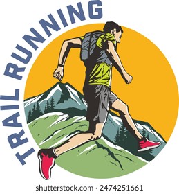 Hombre corriendo sobre la montaña - Ilustración vectorial de trail running