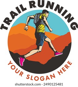 Man running over the mountain - Trail running logo and vector illustration