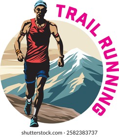 Man running over the mountain - Trail running vector illustration