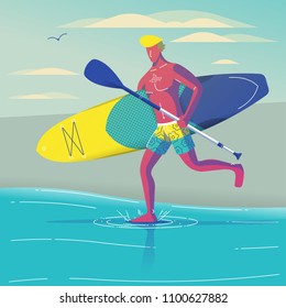 man running with paddle board illustration