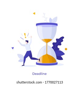 Man running in panic and hourglass. Concept of project deadline, effective project time planning and management, procrastination and anxiety at work. Modern flat vector illustration for banner.
