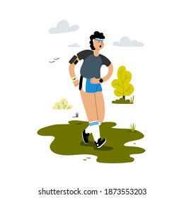 A man are running in the park alone . Active lifestyle. Listen to music through headphones . Sports in the summer. Vector flat illustration. 