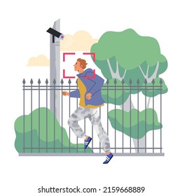 Man running in the park, CCTV video camera monitoring city streets - flat vector illustration isolated on white. Cartoon character jogging outdoors. Security camera in public for crime prevention.