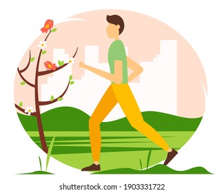 Mann, der im Park läuft. Cute federnde Illustration im flachen Stil.