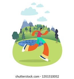  a man running in the park -flat vector concept illustration  Healthy activity. Park, trees, hills and a lake landscape 