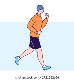 Man is running in park flat vector illustration. Outdoor workout. Healthy lifestyle and rest on nature. Isolated cartoon characters on a blue background