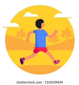 Man running in park. Forest, trees and hills on background. Banner, site, poster template. Healthy lifestyle. Vector illustration