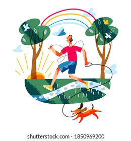 Man running in park with happy dog. Guy exercising outdoor in morning. Schedule vector illustration. Everyday healthy routine. Park background with trees, grass and rising sun.