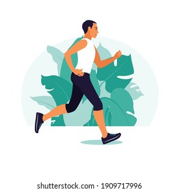 Man running in the park. He doing physical activity outdoors at the park. Healthy lifestyle and fitness concept. Vector illustration in flat style.