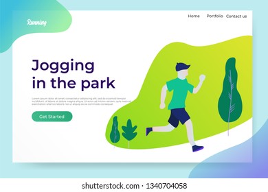 man running in park. jogging. healthy lifestyle. Forest, trees and hills. Modern flat design concept of web page design for website, header and mobile. Flat Cartoon Vector Illustration.