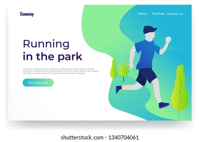 man running in park. jogging. healthy lifestyle. Forest, trees and hills. Modern flat design concept of web page design for website, header and mobile. Flat Cartoon Vector Illustration.