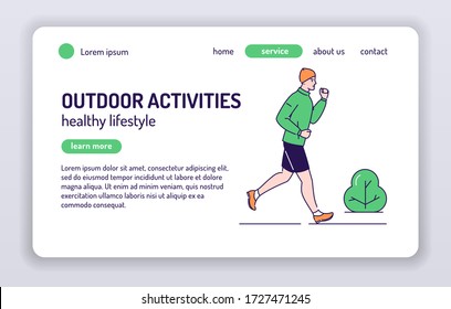 Man is running in park web banner. Outdoor workout. Isolated cartoon character on a white background. Concept for web page, presentation, smm, ad, site. Vector illustration. UX UI GUI design.
