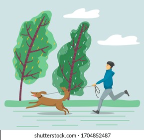 Man running with pet on leash, stormy day. Bad weather conditions, seasonal coldness of autumn or spring. Male character and dog strolling outdoors. Wind blowing hard on trees vector in flat