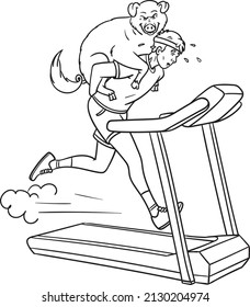 man running with pig on his back. Sport treadmill outline monochrome.