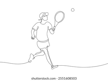 Man Running and Playing in Tennis. Player Tennis One Line Continuous Art. Linear Vector Illustration. Male Sport Silhouette Outline Drawing. Not AI