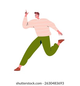 Man running and pointing up with finger. Energetic excited inspired happy male jumping, smiling with joyful hand gesture, funny movement. Flat vector illustration isolated on white background