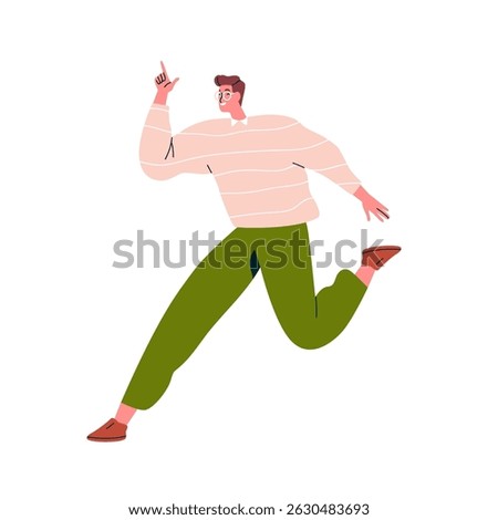 Man running and pointing up with finger. Energetic excited inspired happy male jumping, smiling with joyful hand gesture, funny movement. Flat vector illustration isolated on white background