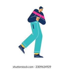 Man running pressing hands to his stomach, flat cartoon vector illustration isolated on white background. Man feeling sick or urge to urinate or defecate.