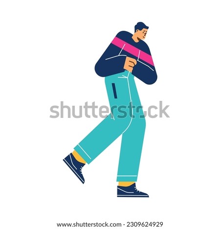 Man running pressing hands to his stomach, flat cartoon vector illustration isolated on white background. Man feeling sick or urge to urinate or defecate.