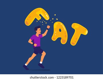 Homem correndo e socando uma frase gorda para destruir. Ilustração sobre exercício reduzir gordura.
