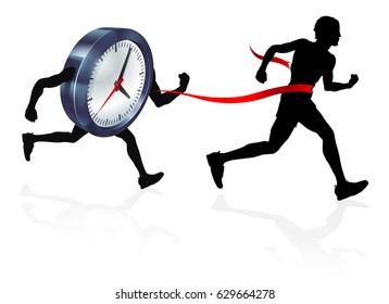 A man running racing against a clock character beating it to the finish line