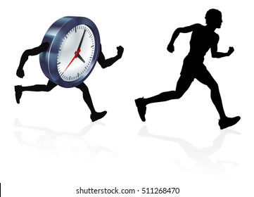 A man running racing a clock concept for time pressure or work life balance, being stressed or racing a deadline