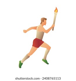 man running in red sports shorts with fire on a hand isolated on a white background 